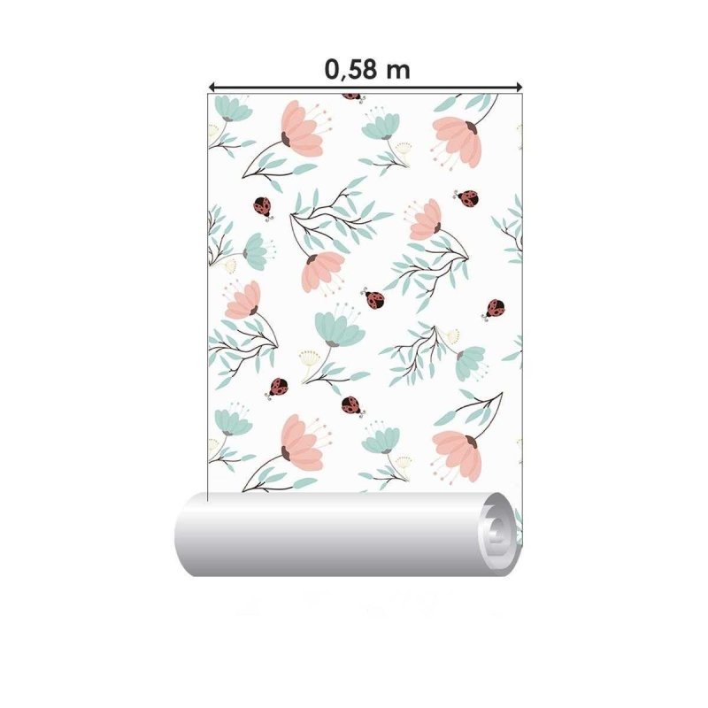 Papel de Parede Adesivo Floral com Joaninhas N04021 - Papel na Parede