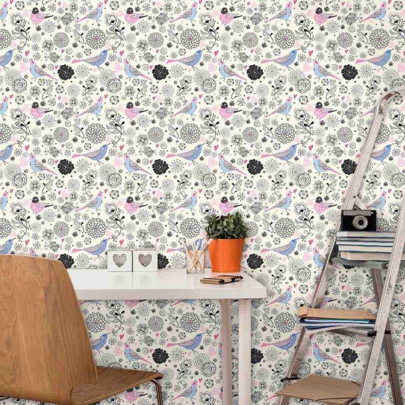 Papel de Parede Adesivo Floral Pássaros 390 - Papel na Parede