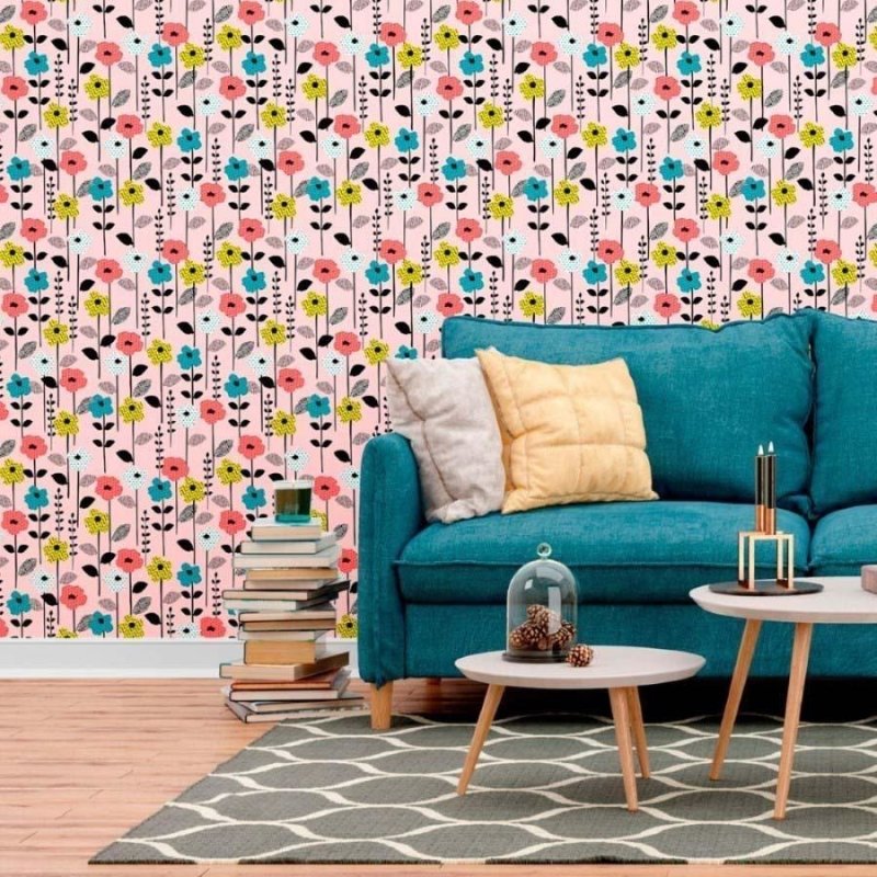 Papel de Parede Adesivo Floral Poá e Chevron N012046 - Papel na Parede