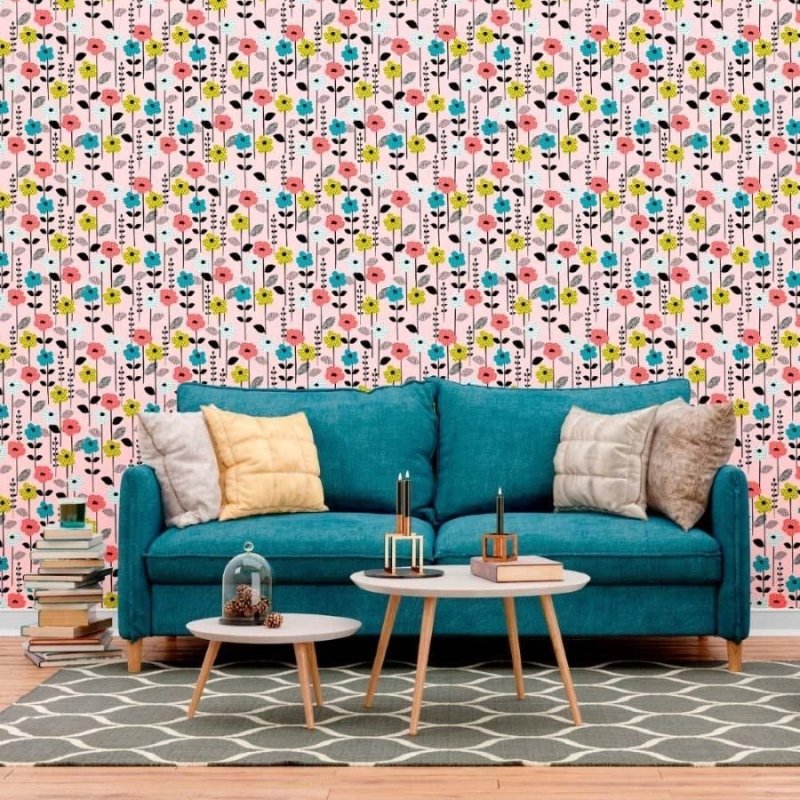 Papel de Parede Adesivo Floral Poá e Chevron N012046 - Papel na Parede