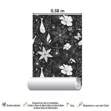 Papel de Parede Adesivo Floral Preto e Branco 526 - Papel na Parede