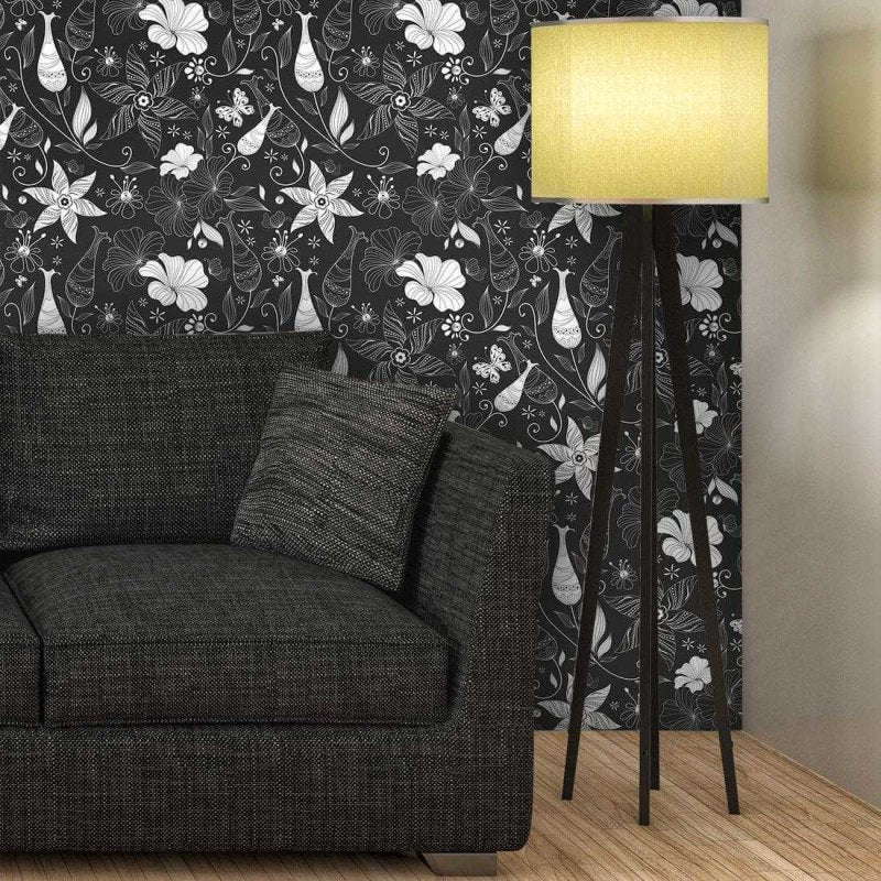 Papel de Parede Adesivo Floral Preto e Branco 526 - Papel na Parede