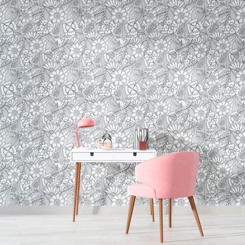 Papel de Parede Adesivo Floral Preto e Branco N010117 - Papel na Parede
