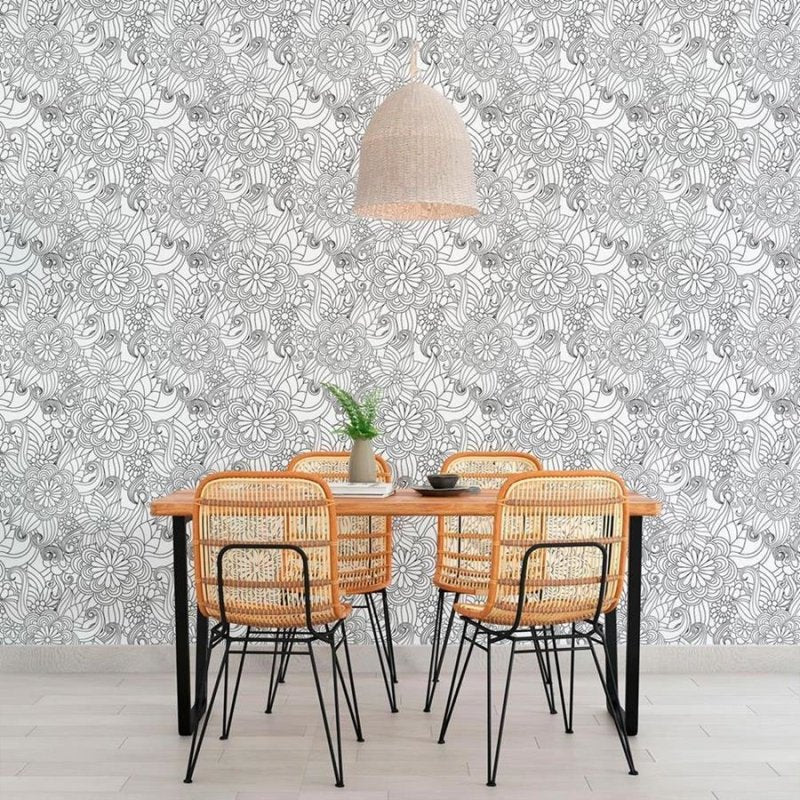 Papel de Parede Adesivo Floral Preto e Branco N010118 - Papel na Parede