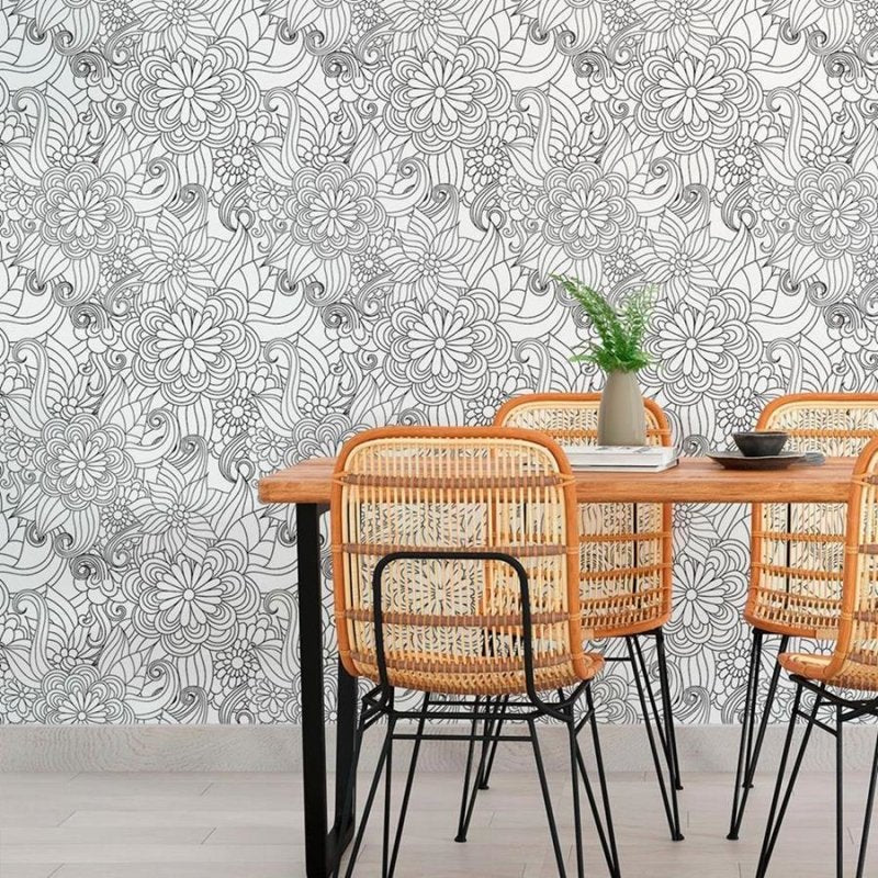 Papel de Parede Adesivo Floral Preto e Branco N010118 - Papel na Parede