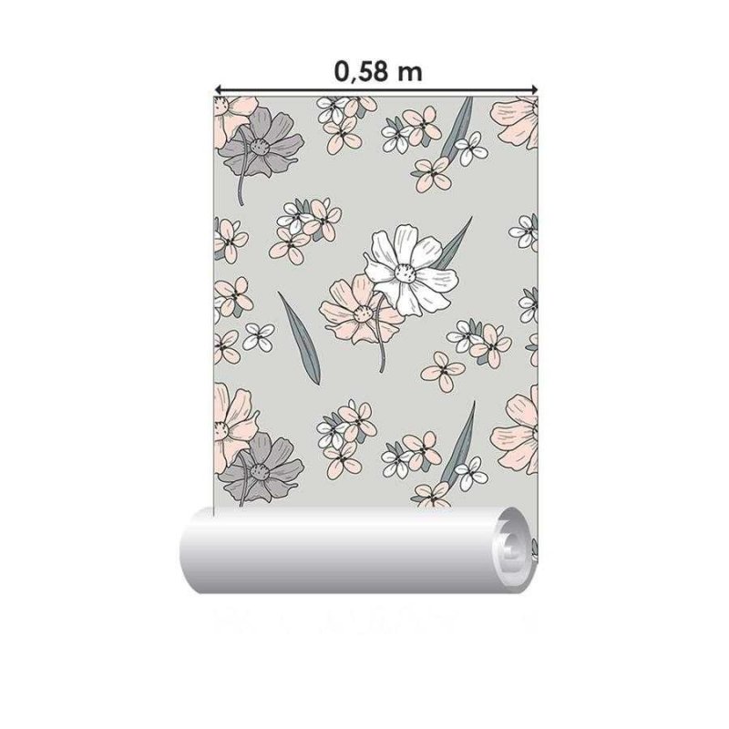 Papel de Parede Adesivo Flores do Campo Cinza e Rosa N06156 - Papel na Parede