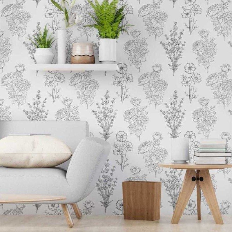 Papel de Parede Adesivo Flores do Campo Monocromático N06052 - Papel na Parede