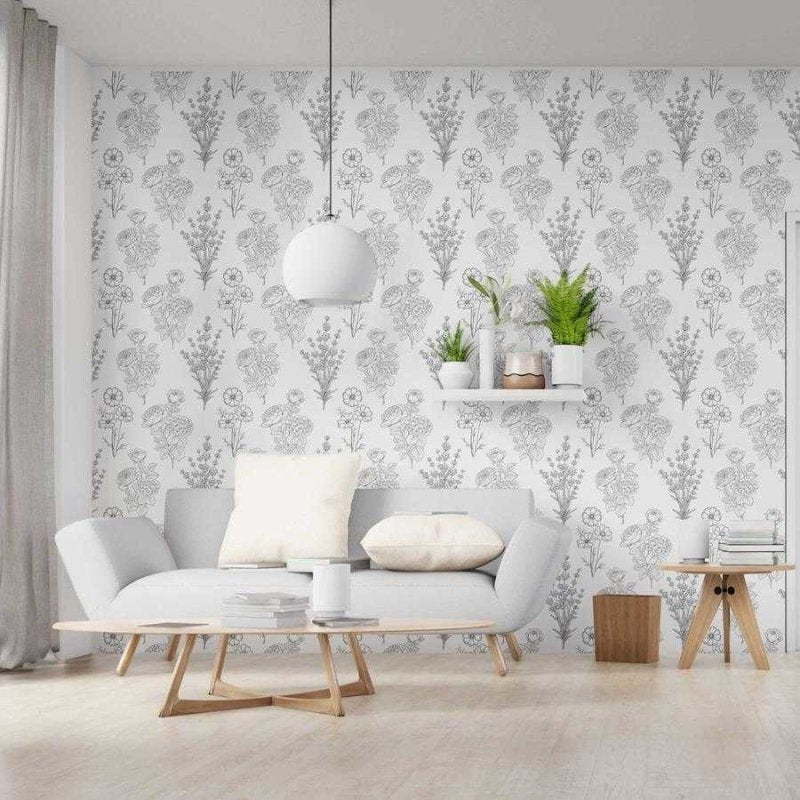 Papel de Parede Adesivo Flores do Campo Monocromático N06052 - Papel na Parede