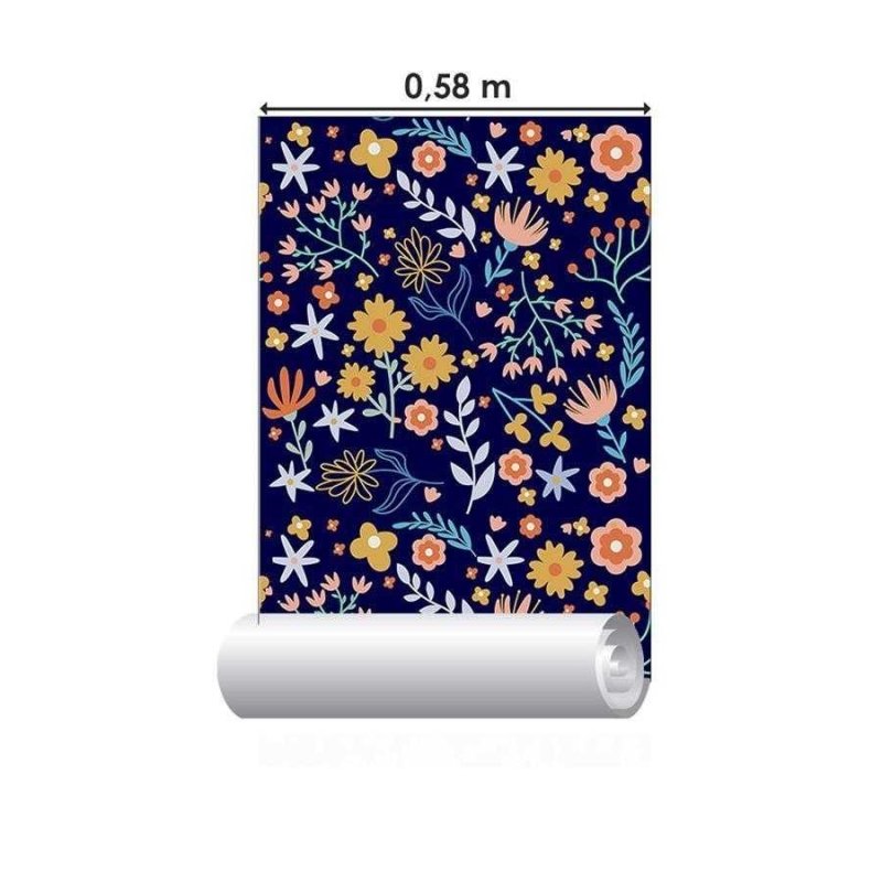 Papel de Parede Adesivo Flores e Folhas Fundo Escuro N06105 - Papel na Parede