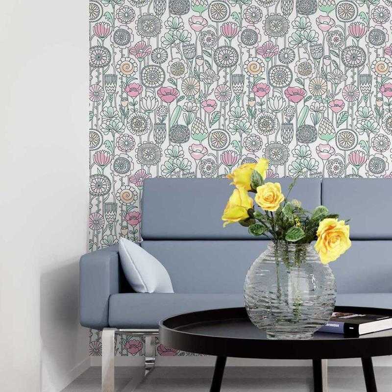 Papel de Parede Adesivo Flores em Linha Coloridas N05124 - Papel na Parede