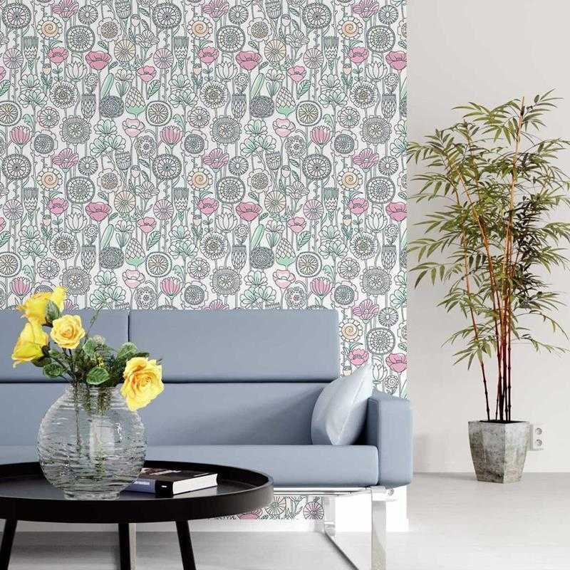 Papel de Parede Adesivo Flores em Linha Coloridas N05124 - Papel na Parede