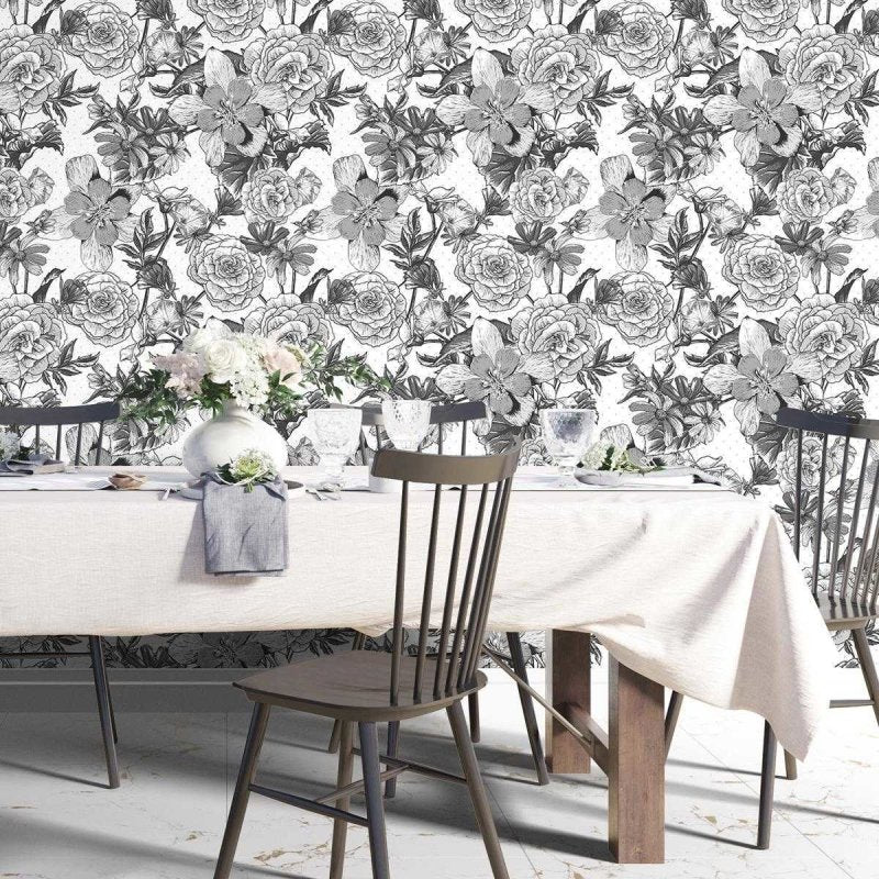 Papel de Parede Adesivo Flores Preto e Branco N04089 - Papel na Parede