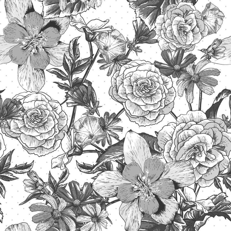 Papel de Parede Adesivo Flores Preto e Branco N04089 - Papel na Parede