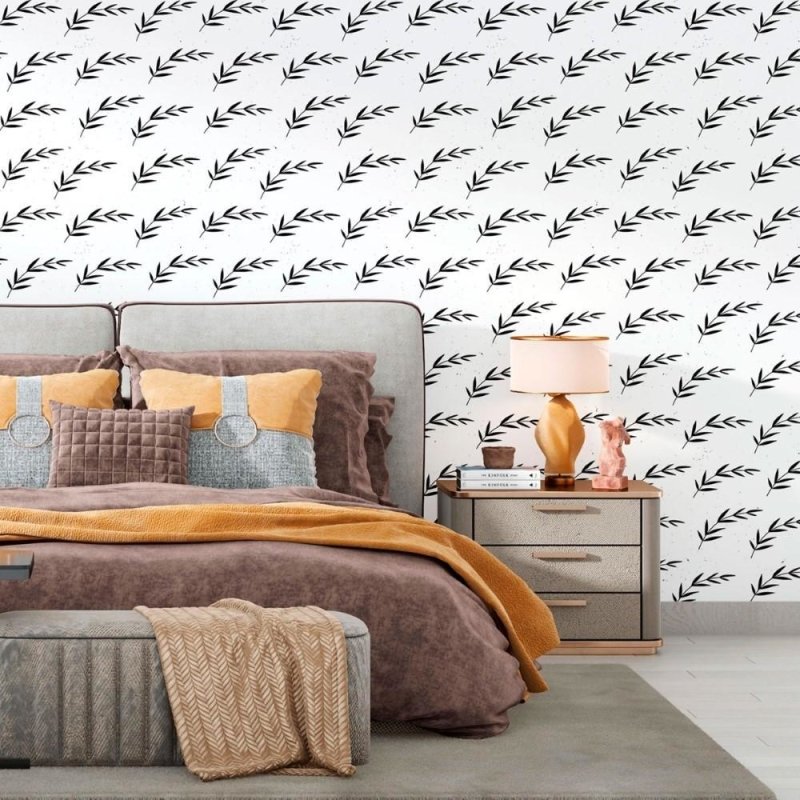 Papel de Parede Adesivo Folhas Branco e Preto N012093 - Papel na Parede