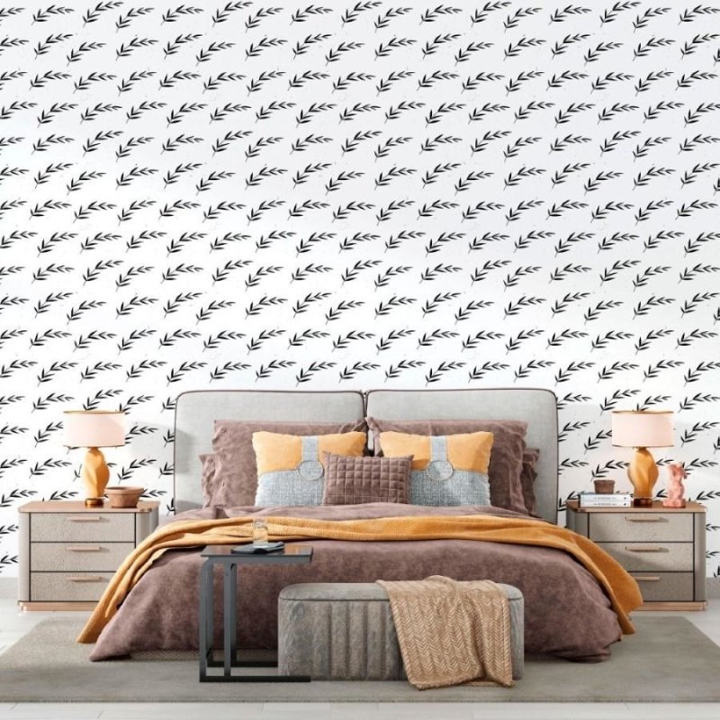 Papel de Parede Adesivo Folhas Branco e Preto N012093 - Papel na Parede