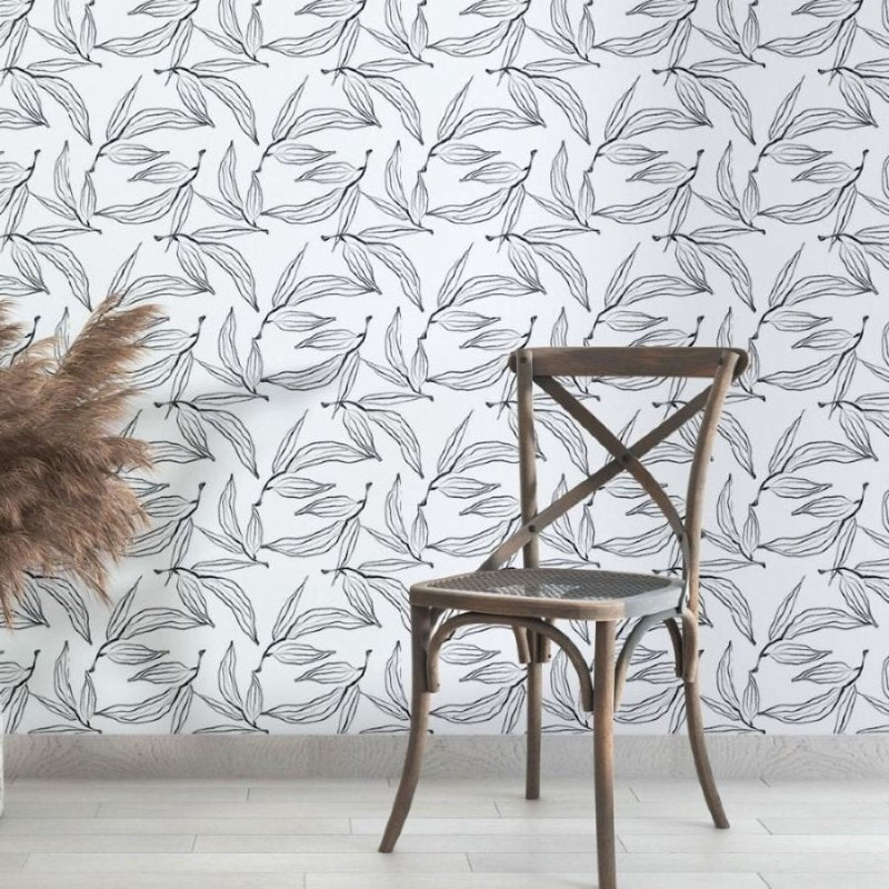 Papel de Parede Adesivo Folhas P&B N013093 - Papel na Parede