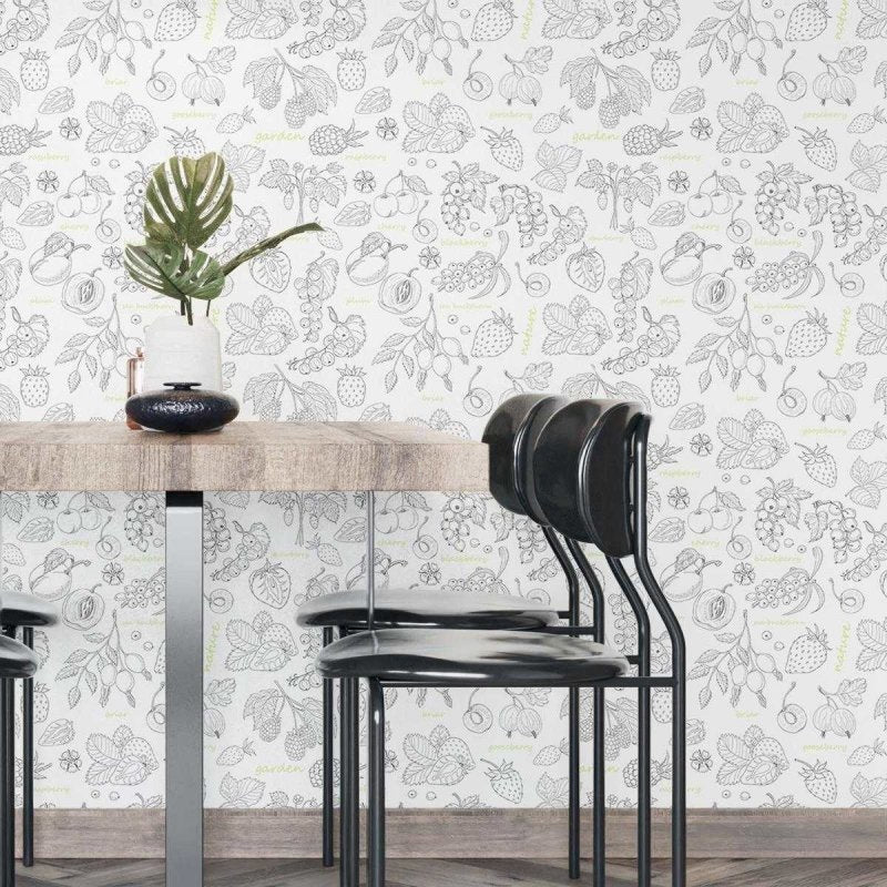 Papel de Parede Adesivo Frutas Preto e Branco N04279 - Papel na Parede