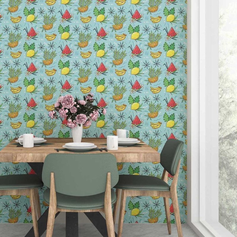 Papel de Parede Adesivo Frutas Tropicais Fundo Azul N07033 - Papel na Parede