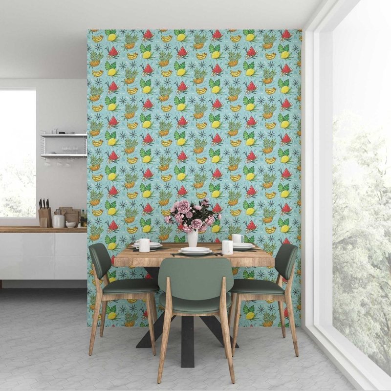 Papel de Parede Adesivo Frutas Tropicais Fundo Azul N07033 - Papel na Parede