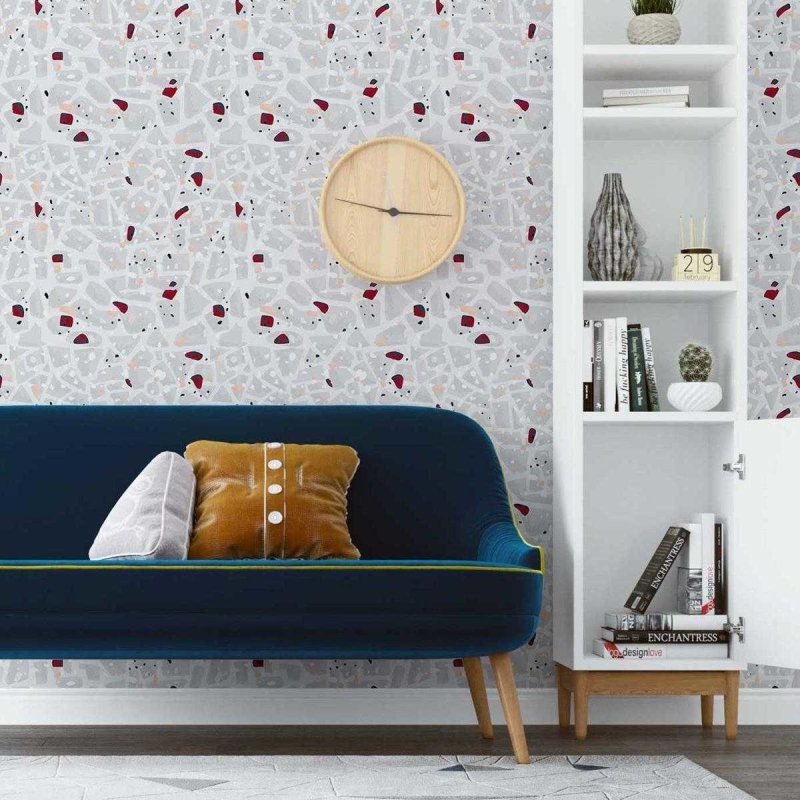 Papel de Parede Adesivo Granilite Cinza e Vermelho N07139 - Papel na Parede