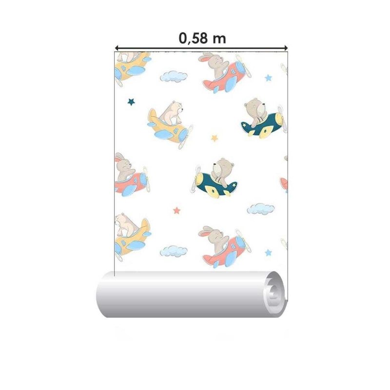 Papel de Parede Adesivo Infantil Avião Urso e Coelho N05062 - Papel na Parede