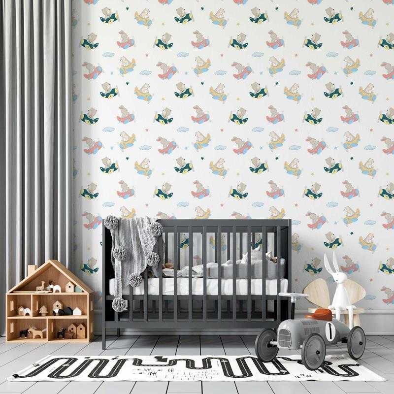 Papel de Parede Adesivo Infantil Avião Urso e Coelho N05062 - Papel na Parede
