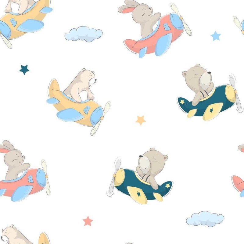 Papel de Parede Adesivo Infantil Avião Urso e Coelho N05062 - Papel na Parede