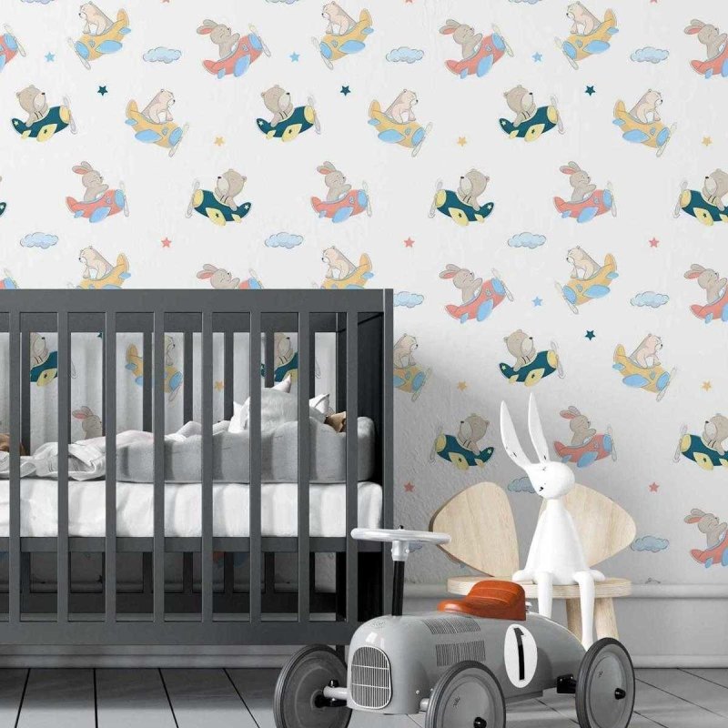 Papel de Parede Adesivo Infantil Avião Urso e Coelho N05062 - Papel na Parede