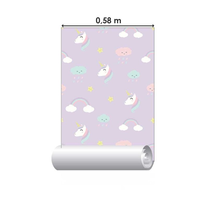 Papel de Parede Adesivo Infantil Unicórnio, nuvem e arco iris N03064 - Papel na Parede