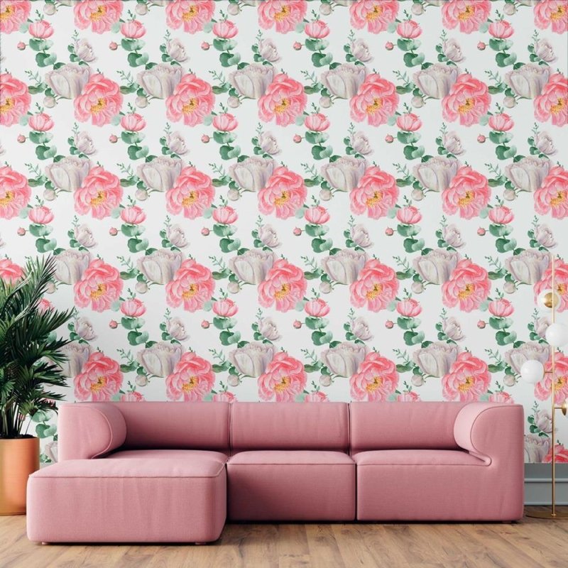 Papel de Parede Adesivo Lisianthus Rosa em Aquarela N09046 - Papel na Parede