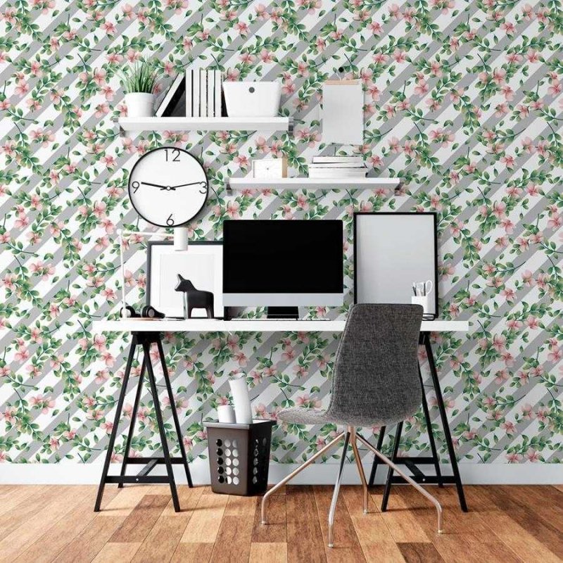 Papel de Parede Adesivo Listrado com Floral N06032 - Papel na Parede