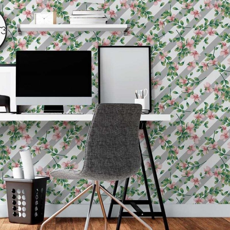 Papel de Parede Adesivo Listrado com Floral N06032 - Papel na Parede