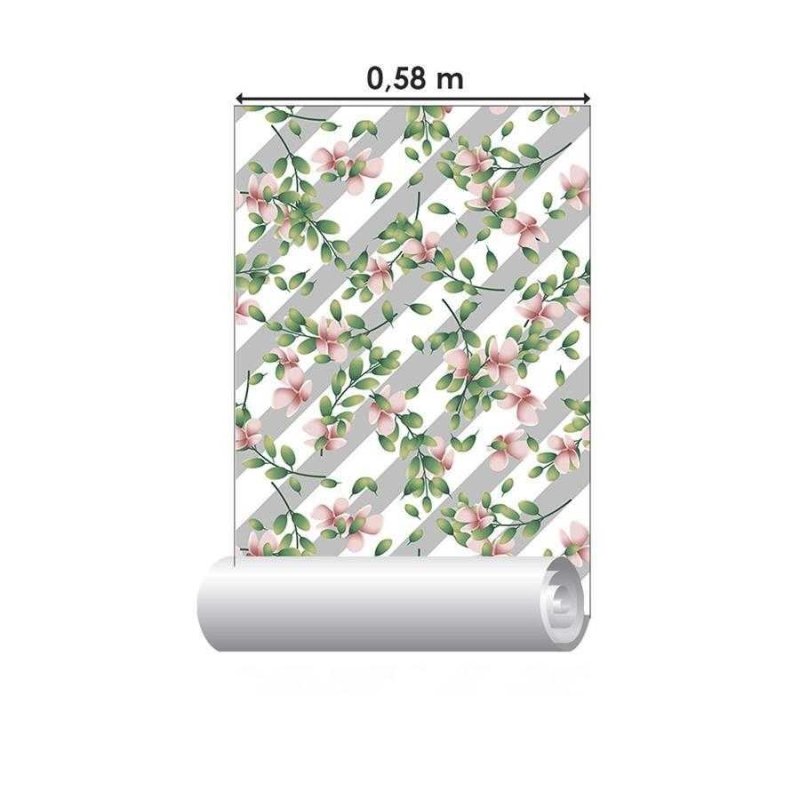 Papel de Parede Adesivo Listrado com Floral N06032 - Papel na Parede