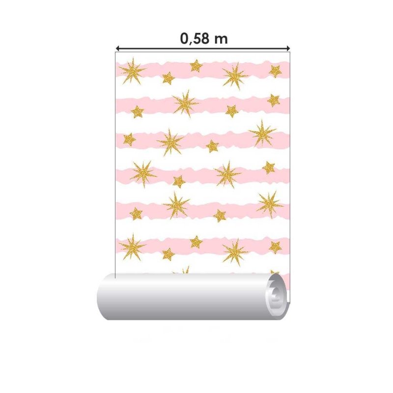 Papel de Parede Adesivo Listras Abstratas Rosa e Estrelas Glitter Dourado N07085 - Papel na Parede