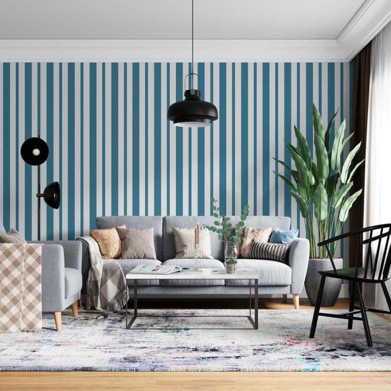 Papel de Parede Adesivo Listras Azul Forte e Branco N06269 - Papel na Parede