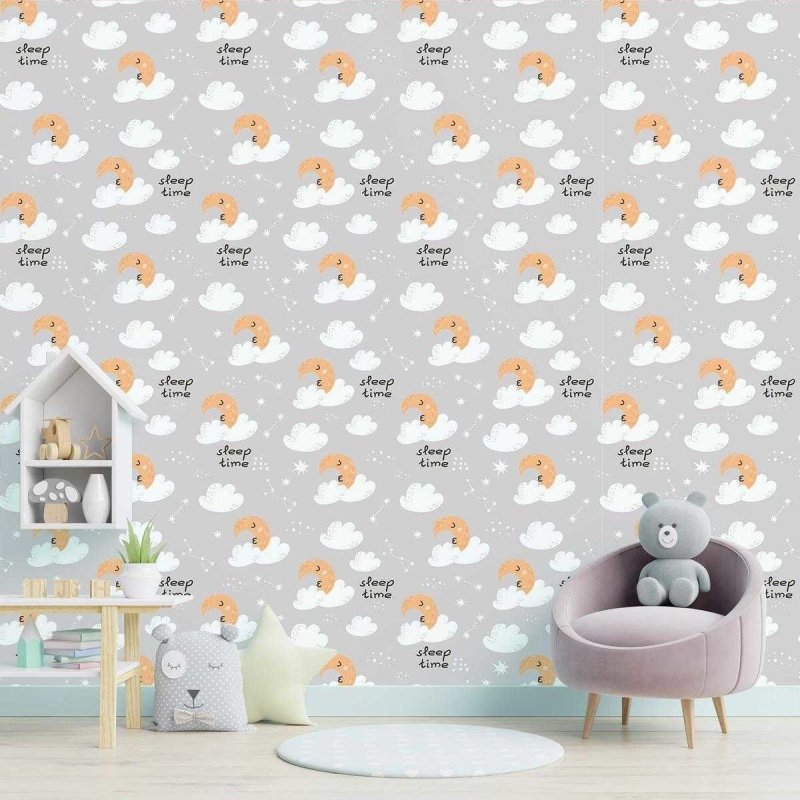 Papel de Parede Adesivo Lua Nuvens e Estrelas Cinza N05049 - Papel na Parede