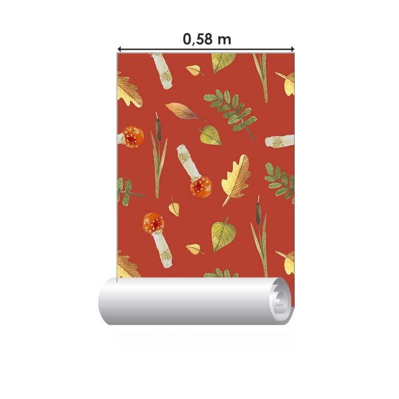 Papel de Parede Adesivo Natureza Cogumelos e Folhas Vermelho N07029 - Papel na Parede