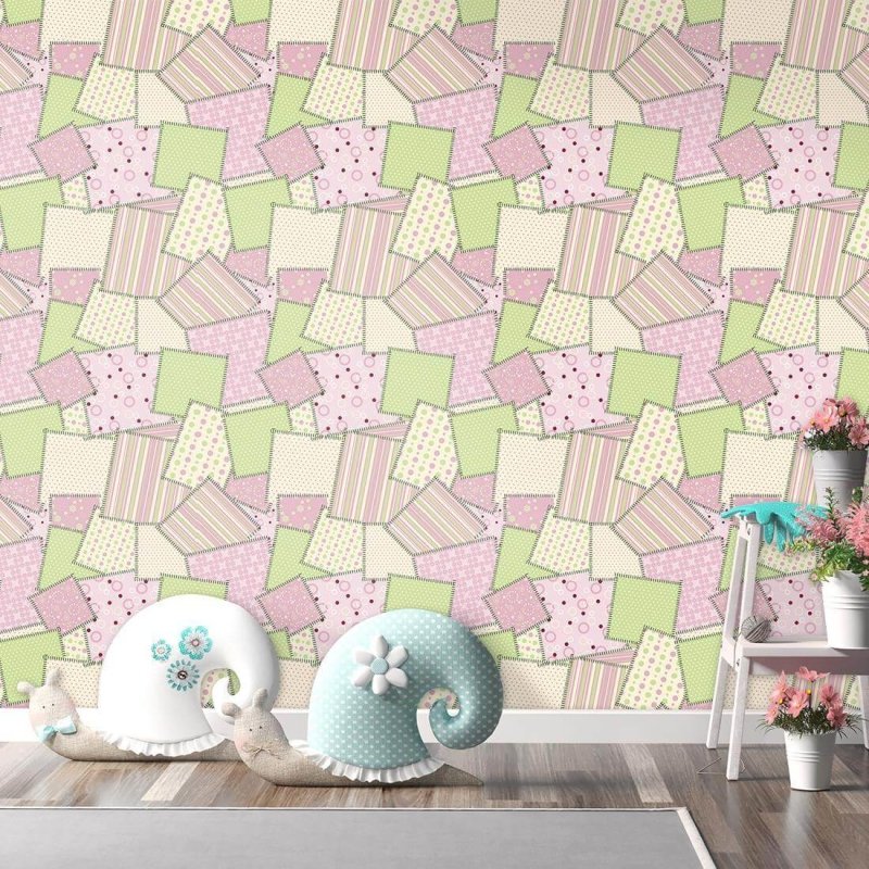 Papel de Parede Adesivo Patchwork Rosa Verde Fofo 44006782 - Papel na Parede