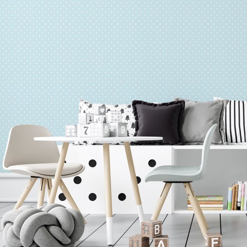 Papel de Parede Adesivo Poá Azul e Branco N04028 - Papel na Parede