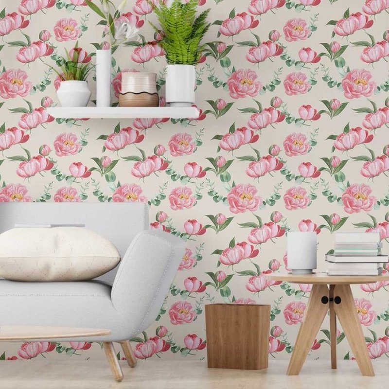 Papel de Parede Adesivo Rosas em Fundo Bege N06055 - Papel na Parede