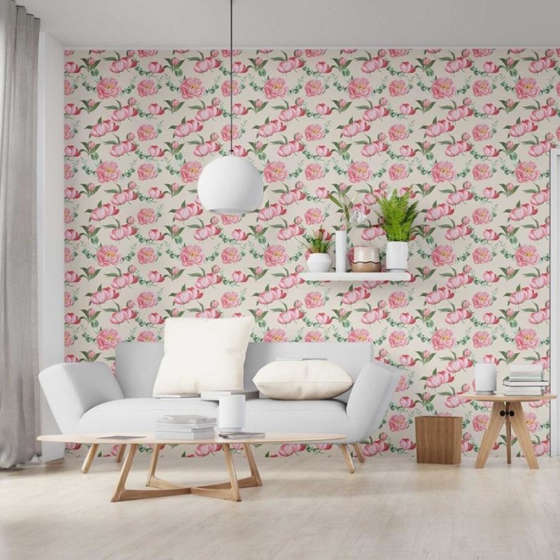 Papel de Parede Adesivo Rosas em Fundo Bege N06055 - Papel na Parede