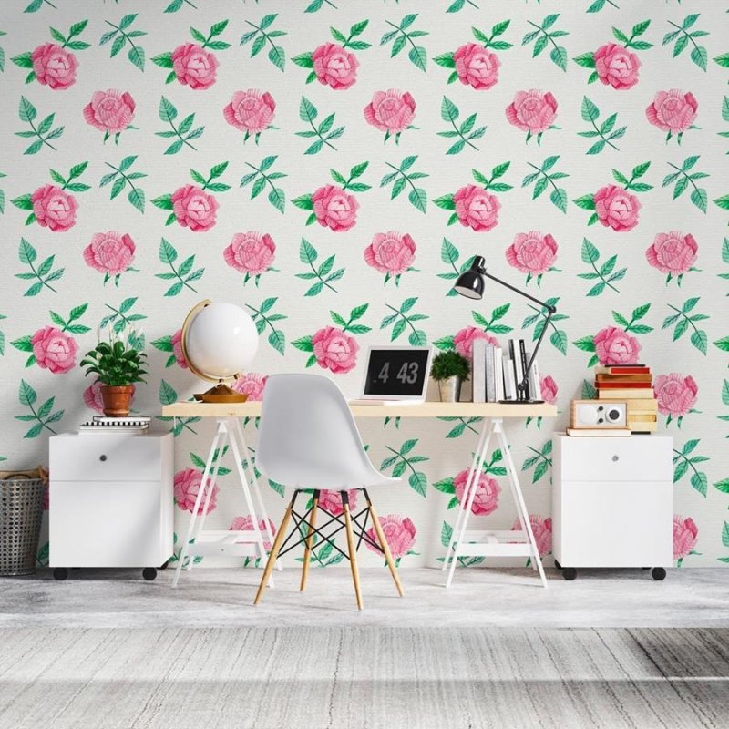 Papel de Parede Adesivo Rosas em Fundo Branco N06013 - Papel na Parede