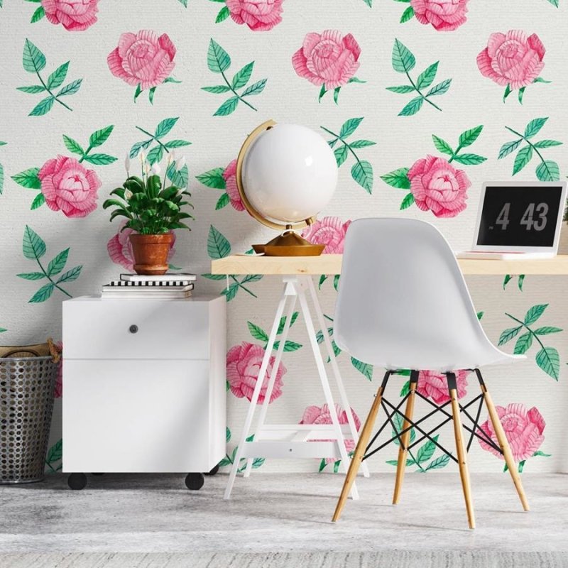 Papel de Parede Adesivo Rosas em Fundo Branco N06013 - Papel na Parede