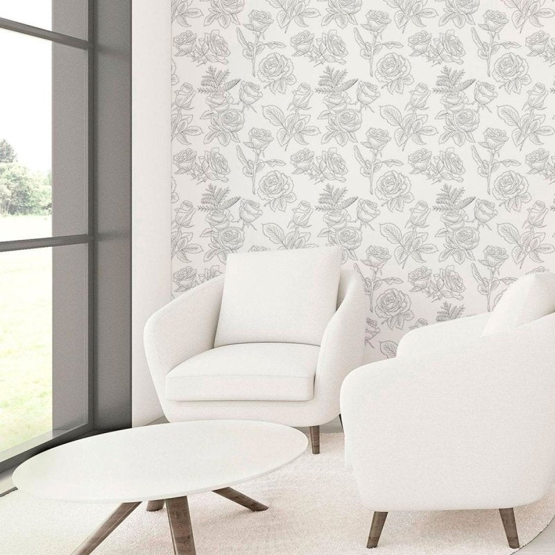 Papel de Parede Adesivo Rosas em Preto e Branco N010181 - Papel na Parede