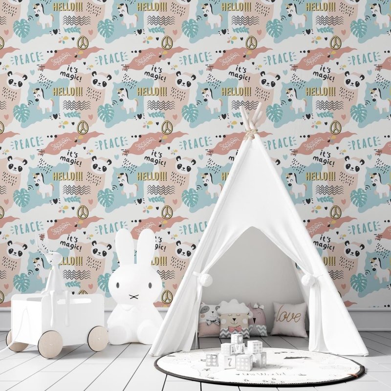 Papel de Parede Adesivo Unicórnio e Panda Baby N03047 - Papel na Parede