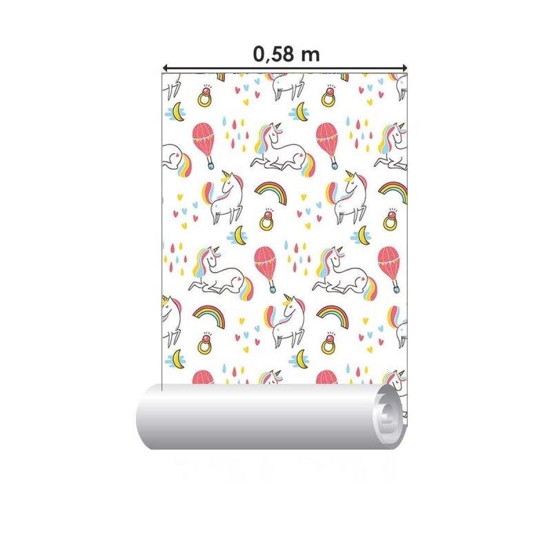 Papel de Parede Adesivo Unicórnios Balões e Corações N05109 - Papel na Parede
