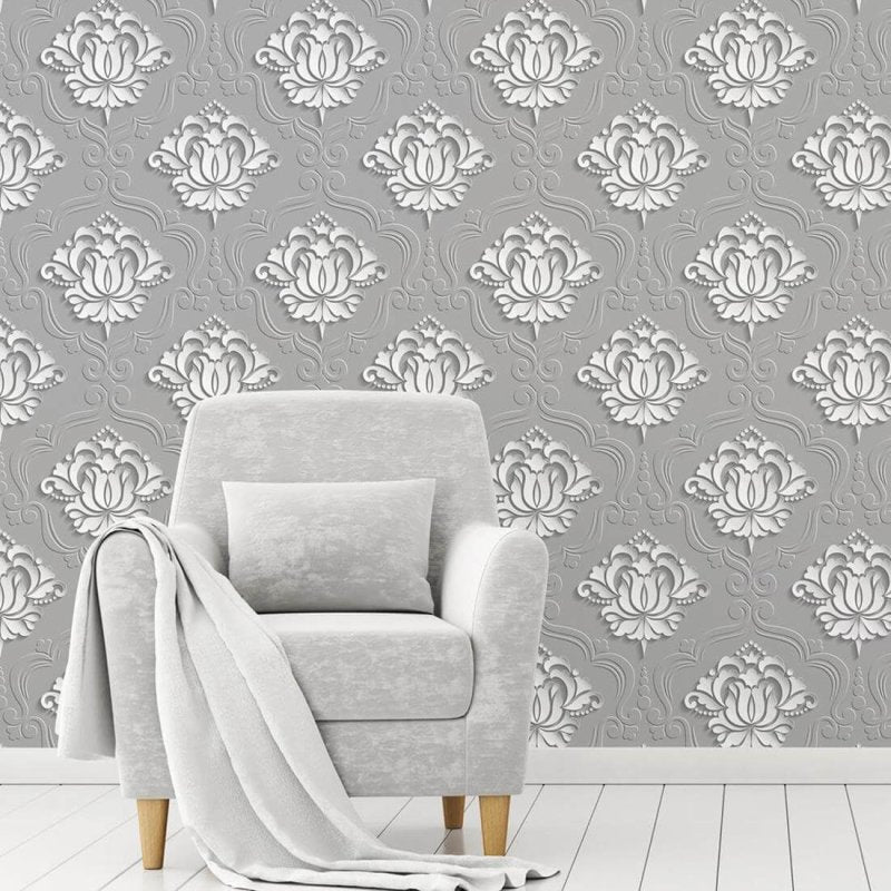 Papel de Parede Adesivo Vintage Floral 3D Cinza 251587870 - Papel na Parede