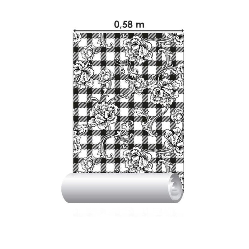 Papel de Parede Adesivo Xadrez com Flores N06042 - Papel na Parede