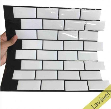 Placa de Pastilha Adesiva Resinada Mini Metrô White Rejunte Preto - 29cm x 34cm
