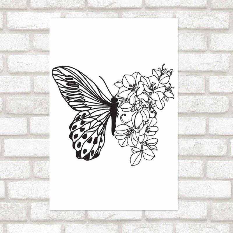 Poster Decorativo Borboleta Flores Preto E Branco N09236 - Papel na Parede